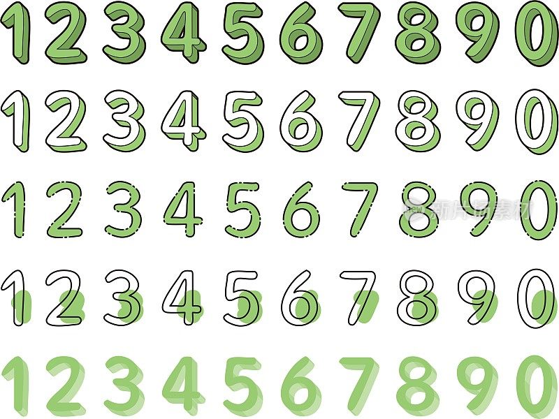 从0到9绘制不同样式/插图材质的绿色数字集合(矢量插图)